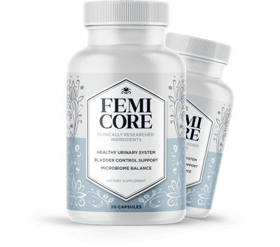 FemiCore women's urinary health supplement bottles, 30 capsules per bottle