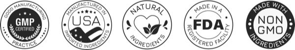 FemiCore manufacturing badges: GMP certified, made in the USA, natural ingredients, FDA-registered facility, non-GMO
