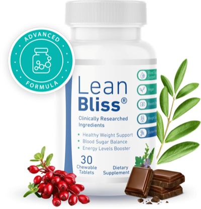 LeanBliss supplement bottle, 30 chewable tablets, shown with botanical ingredients and chocolate pieces