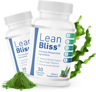 Two LeanBliss bottles shown with seaweed and green powder, two of the formula's listed ingredients